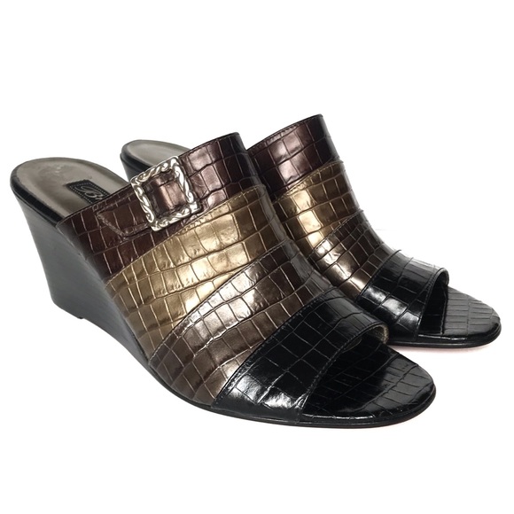 BRIGHTON Robin Striped Wedge Croc Mules 9 Black - Picture 3 of 11